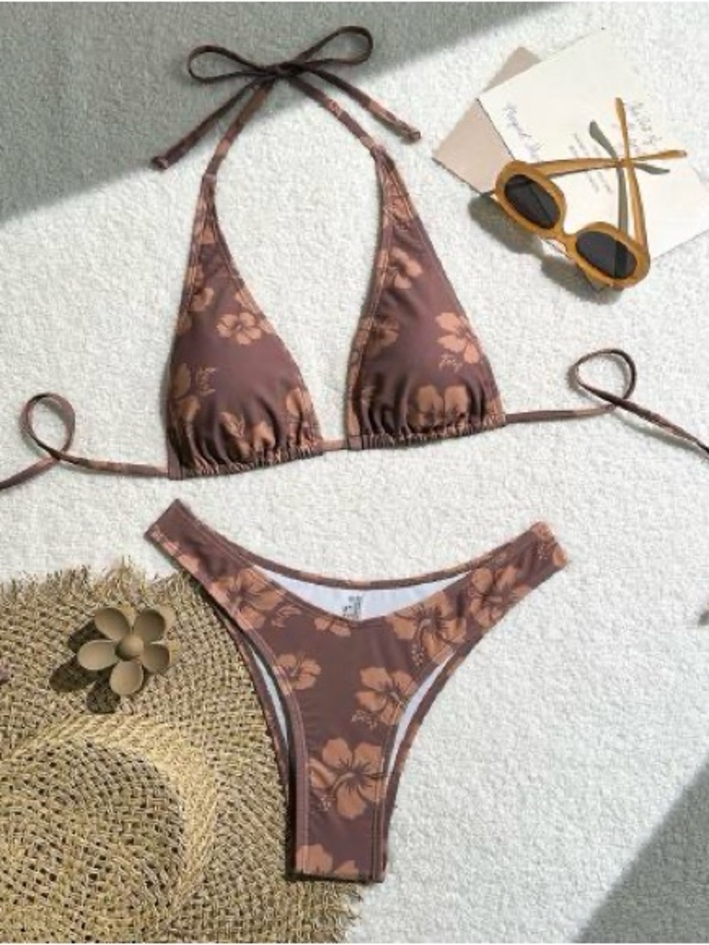 Brown Floral Tie-Halter Bikini Set - Women's Swim